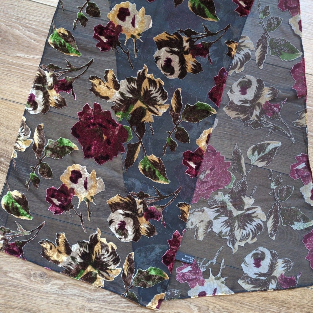Vtg Floral Velvet Burnout Oblong Scarf -‎ Whimsygoth Fairy Burgundy Tan Black